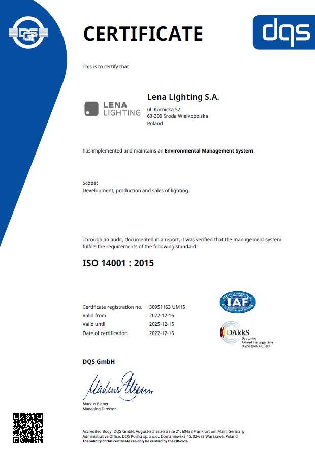 Lena Lighting- certificats