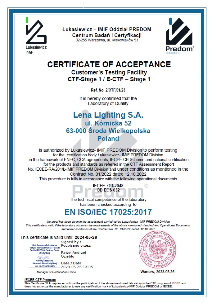 Lena Lighting- certificats