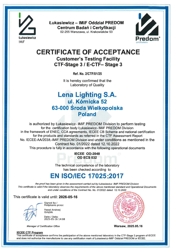 Lena Lighting- certificats
