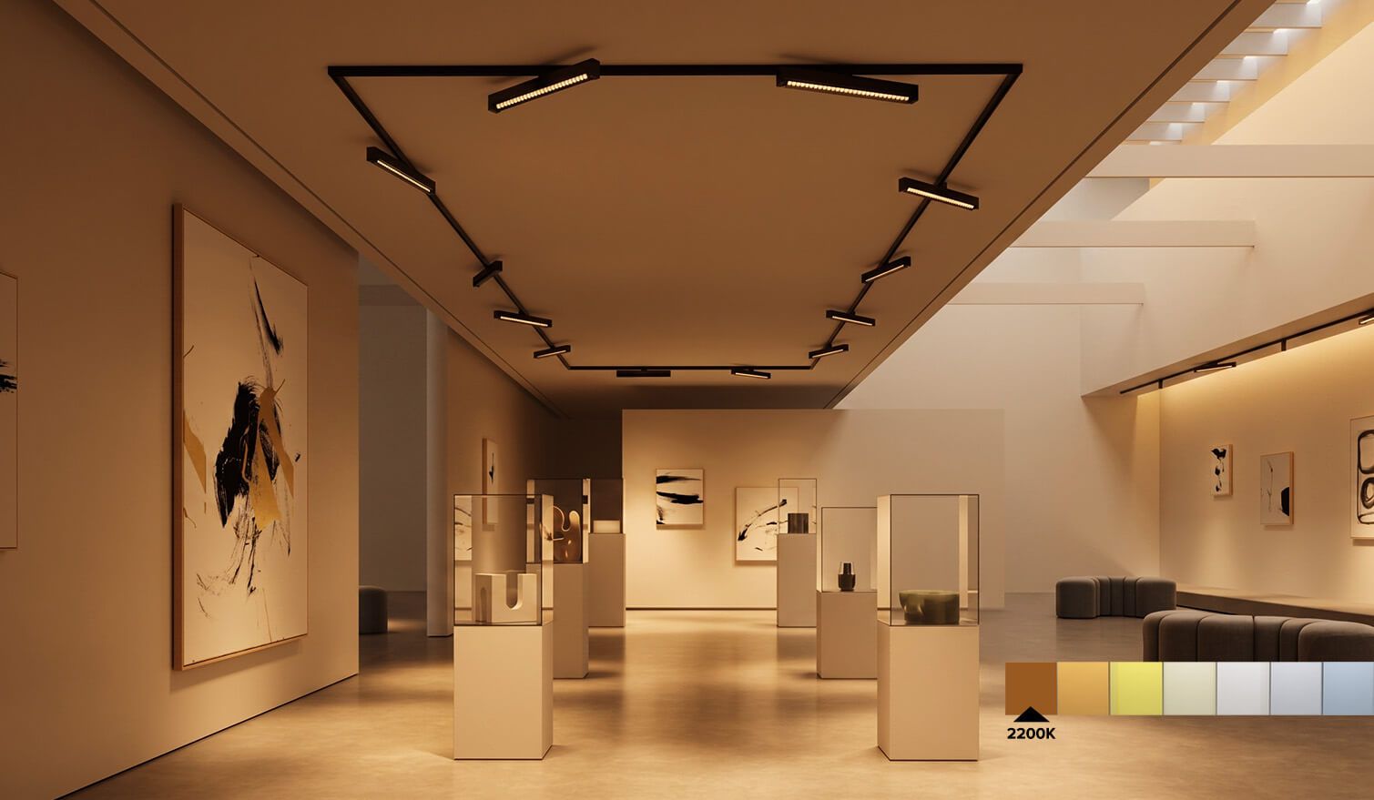 Un musée doté d'un long couloir et de tableaux, éclairé par une lumière chaude de 2 200 K, propice à une atmosphère relaxante