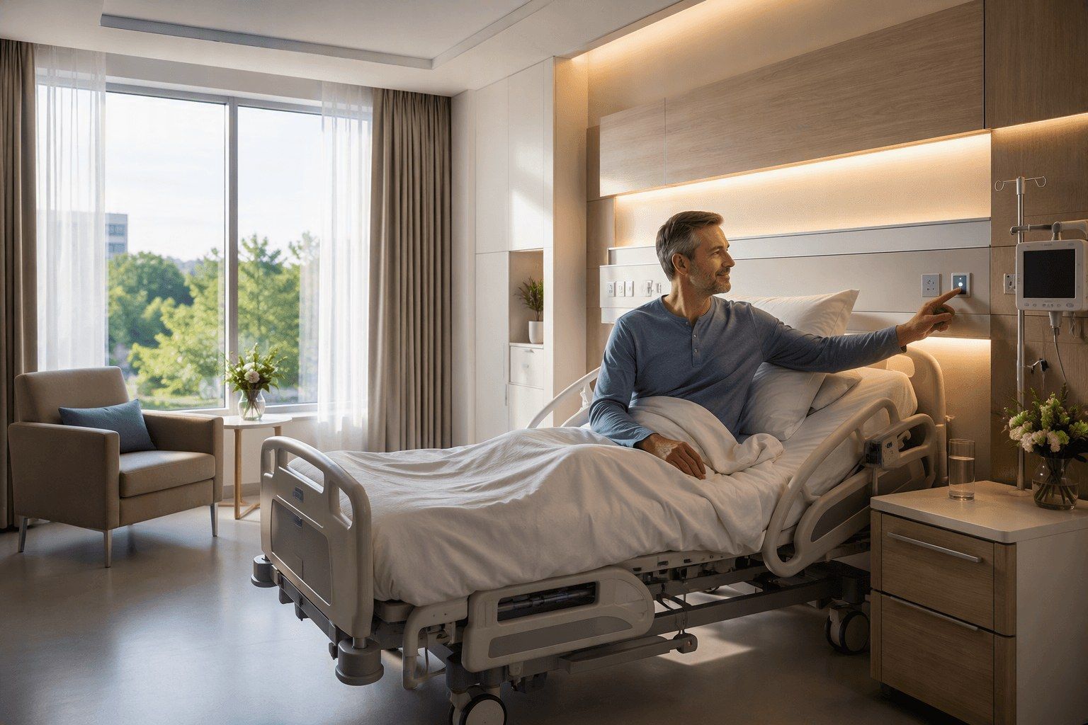Un patient règle l'éclairage près de son lit dans une chambre d'hôpital moderne conçue pour le confort et le bien-être du patient | Lumedic