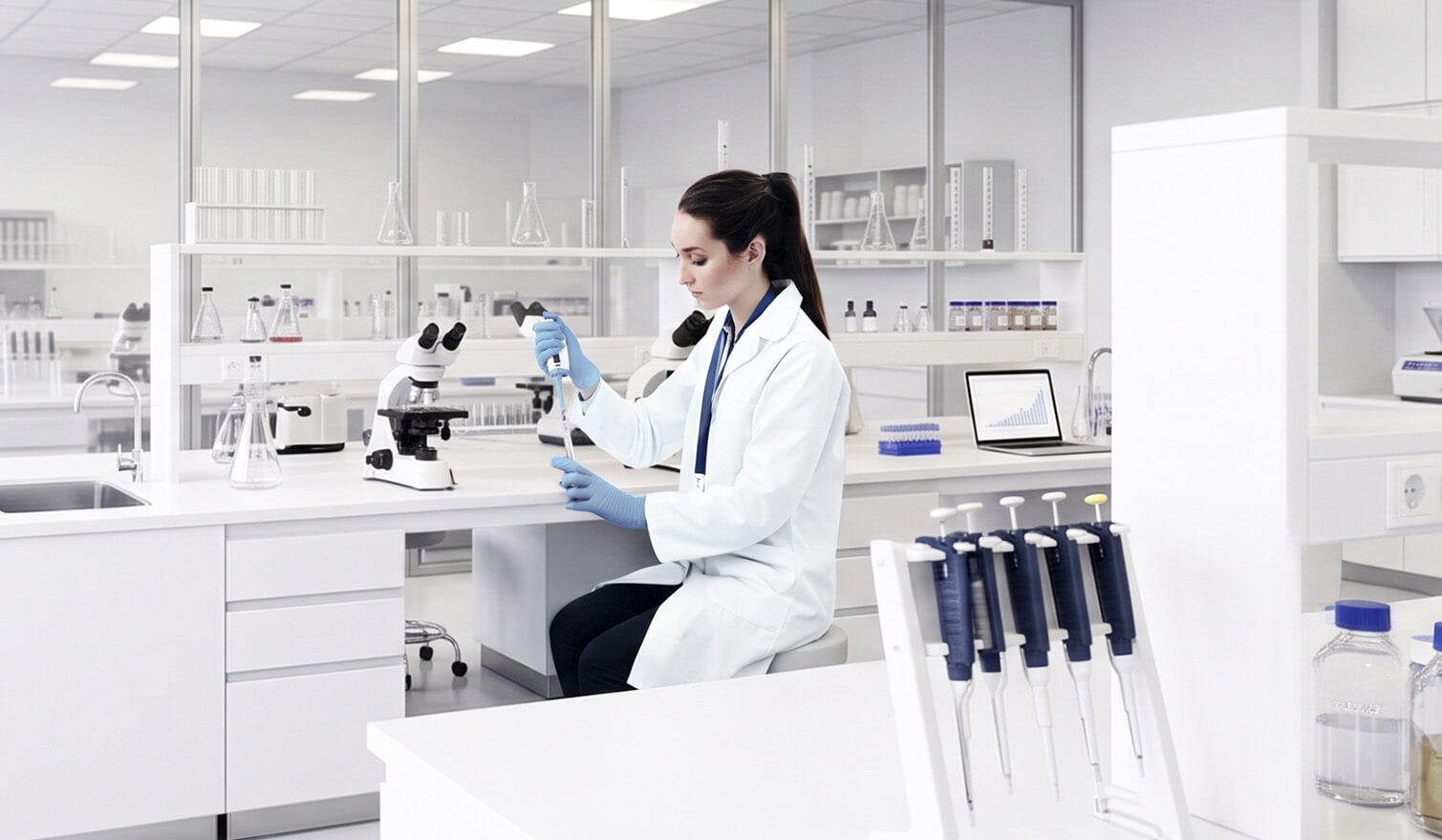 Laborantka w białym fartuchu skupiona na pracy z mikroskopem w jasnym, profesjonalnie oświetlonym laboratorium | Lumedic