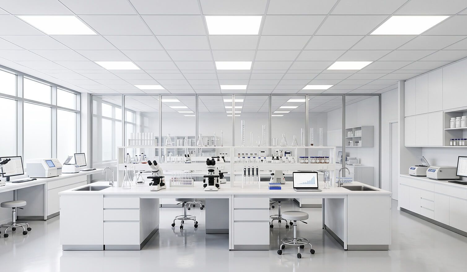 Laboratorium z białymi biurkami i komputerami, dobrze oświetlone, sprzyjające precyzyjnym analizom i komfortowej pracy | Lumedic