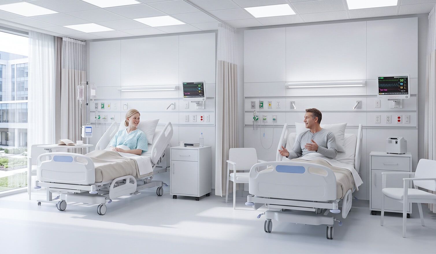 Une chambre d'hôpital équipée de deux lits, un homme est assis sur l'un d'eux, l'espace est bien éclairé, ce qui crée une atmosphère confortable | Lumedic