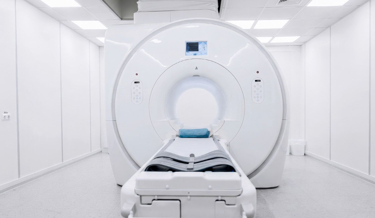 Une salle blanche équipée d'un appareil d'IRM, bien éclairée, créant une atmosphère apaisante pour les patients et le personnel médical