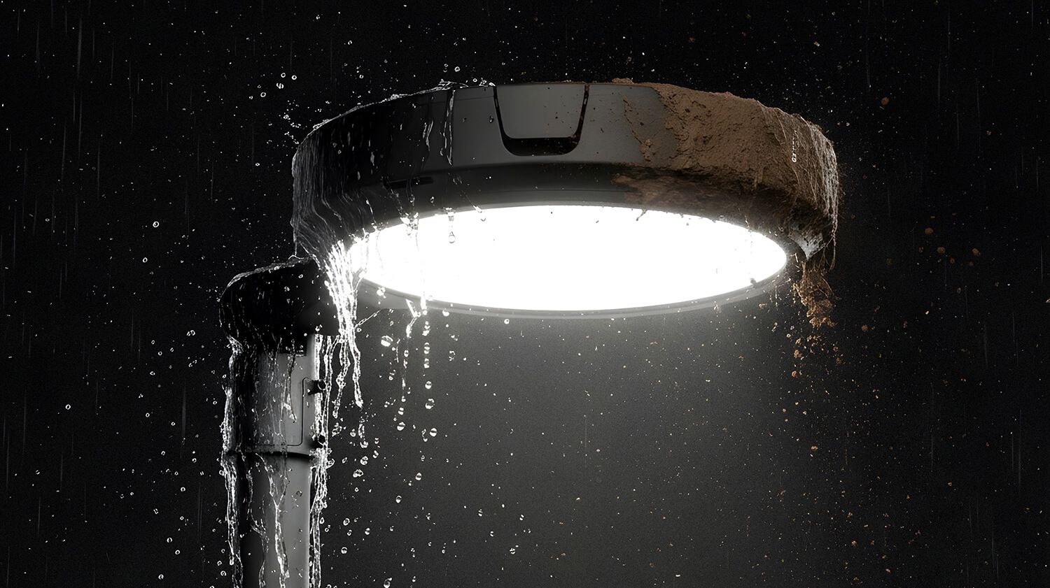 Le lampadaire Skver LED S (Z1 MF) avec de l'eau à sa surface, symbolisant les défis liés à la protection des infrastructures dans des conditions difficiles.