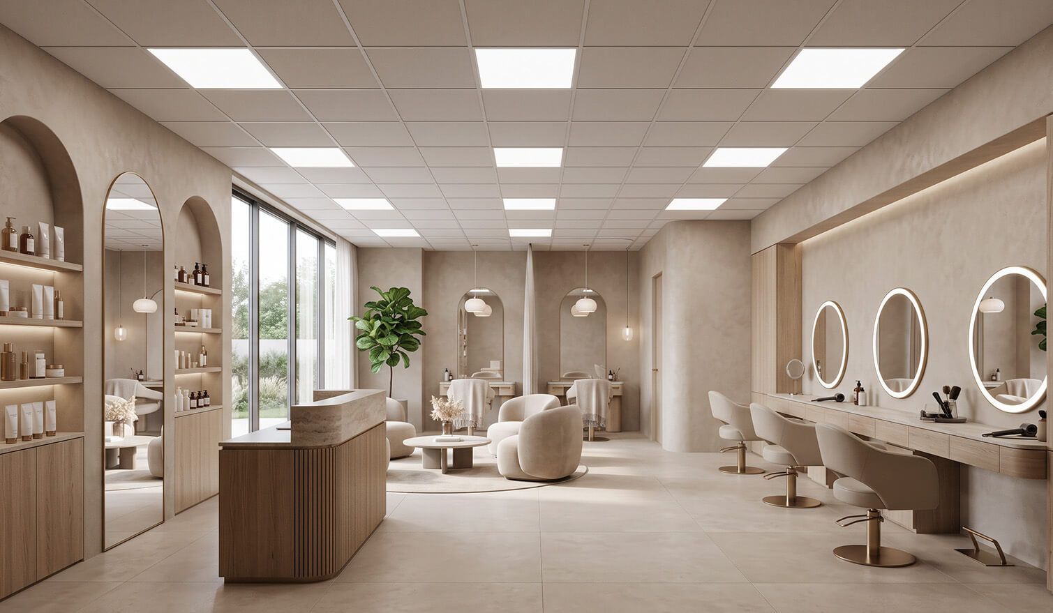 Institut de beauté doté d'un grand miroir et de fauteuils élégants, offrant confort et un éclairage parfait pour les soins | Lumedic