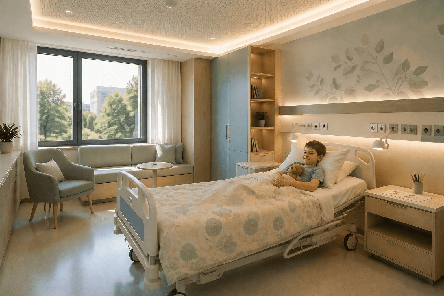 Une chambre pédiatrique moderne dotée d'un éclairage LED chaleureux, d'une fenêtre donnant sur la verdure et d'un coin détente favorisant le confort de l'enfant en convalescence | Lumedic